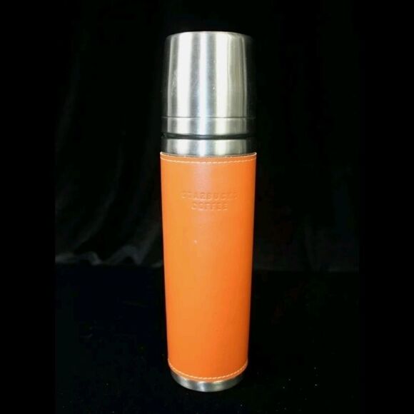 2004 Starbucks Stainless Steel 12oz Thermos Orange Sophisticate Leather Wrap. - Picture 1 of 5